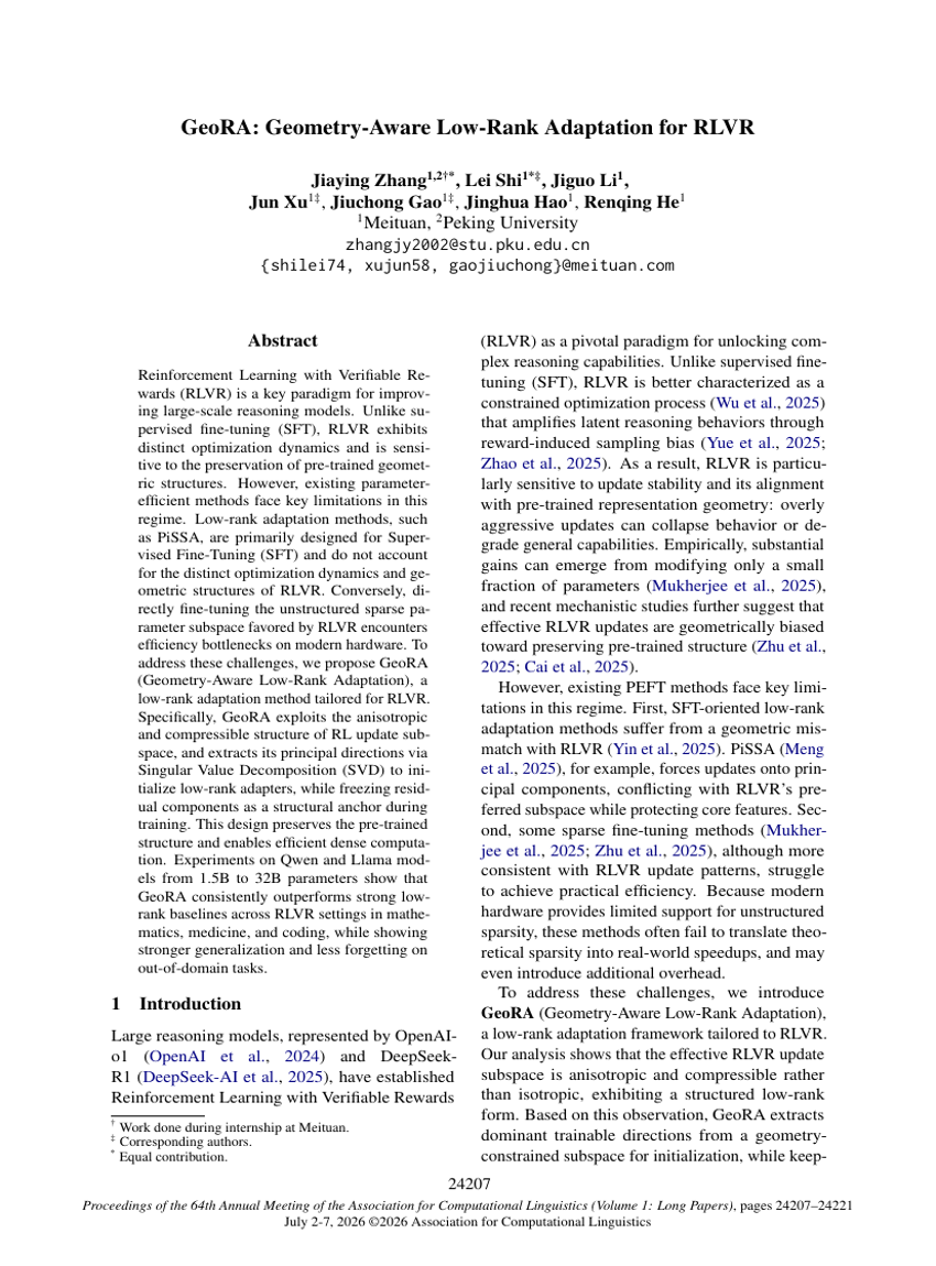 GeoRA: Geometry-Aware Low-Rank Adaptation for RLVR