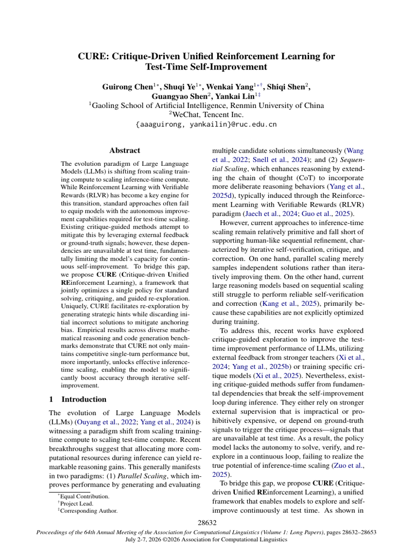 CURE: Critique-Driven Unified Reinforcement Learning for Test-Time Self-Improvement