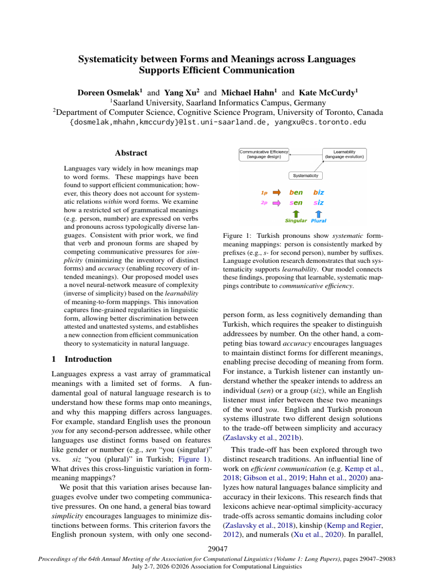 Systematicity between Forms and Meanings across Languages Supports Efficient Communication