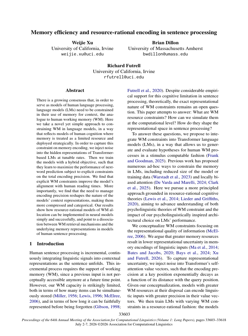 Memory efficiency and resource-rational encoding in sentence processing