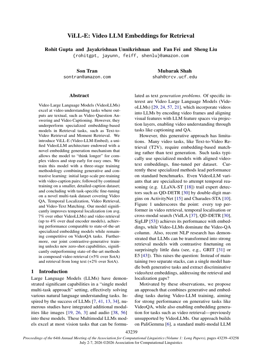 ViLL-E: Video LLM Embeddings for Retrieval