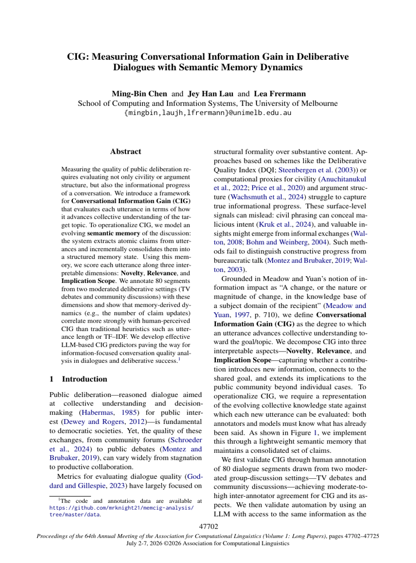 CIG: Measuring Conversational Information Gain in Deliberative Dialogues with Semantic Memory Dynamics