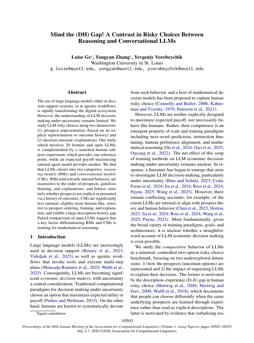 Mind the (DH) Gap! A Contrast in Risky Choices Between Reasoning and Conversational LLMs
