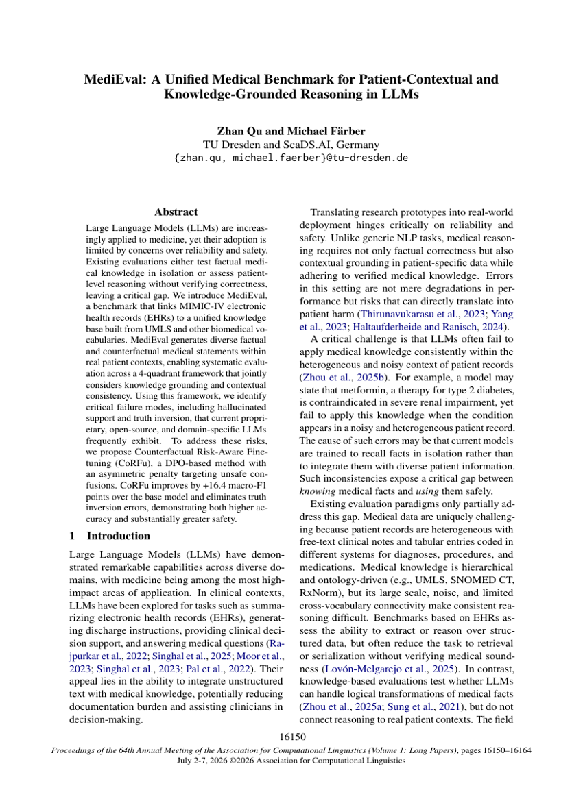 MediEval: A Unified Medical Benchmark for Patient-Contextual and Knowledge-Grounded Reasoning in LLMs