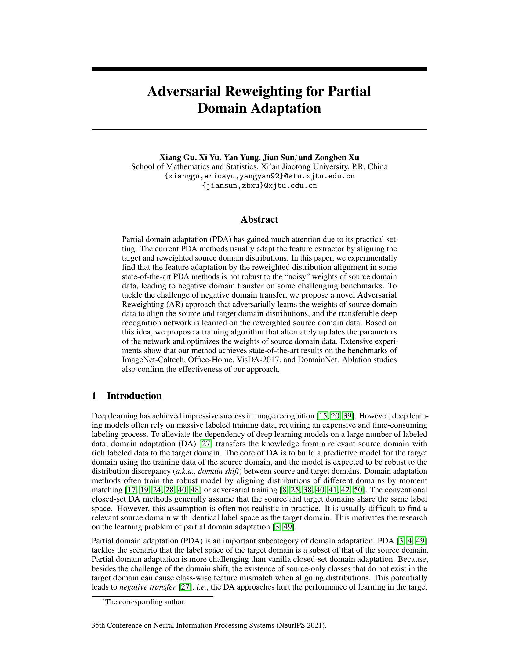 Adversarial Reweighting for Partial Domain Adaptation