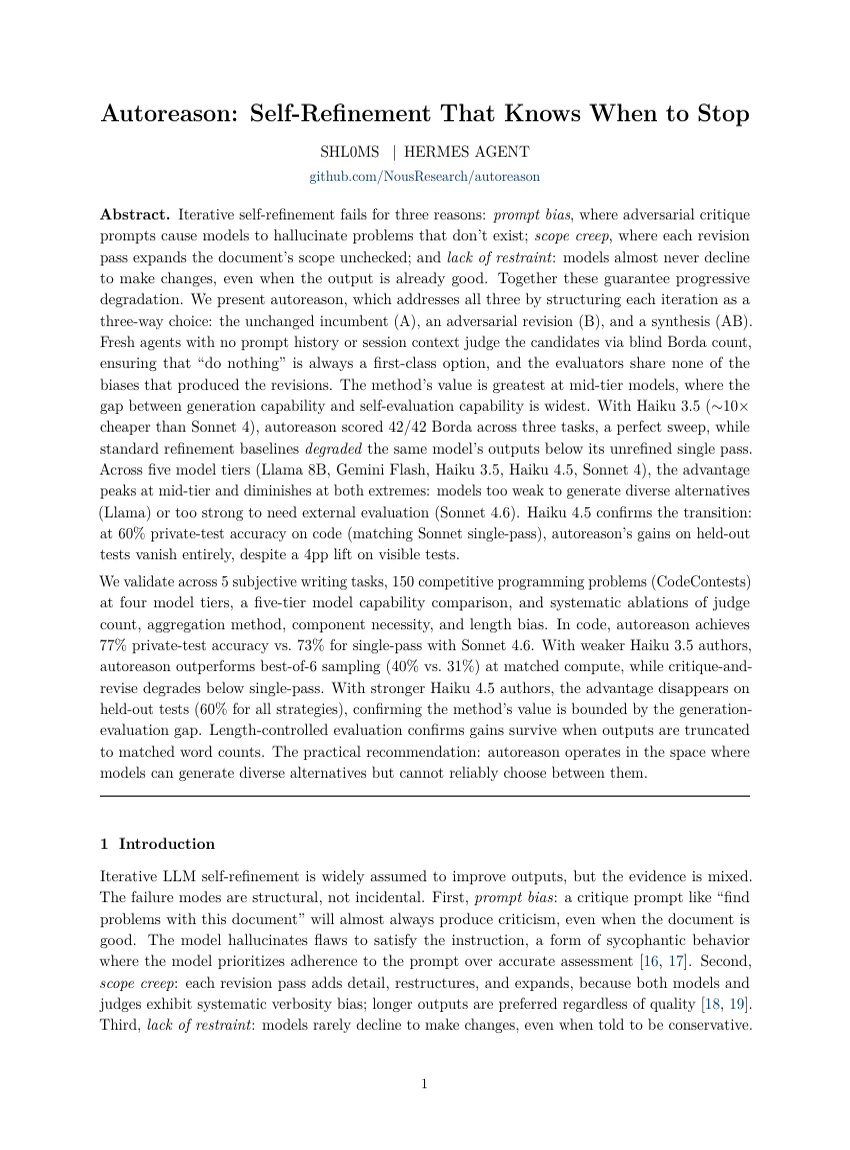 Autoreason: Selbstverfeinerung, die weiß, wann sie aufhören muss