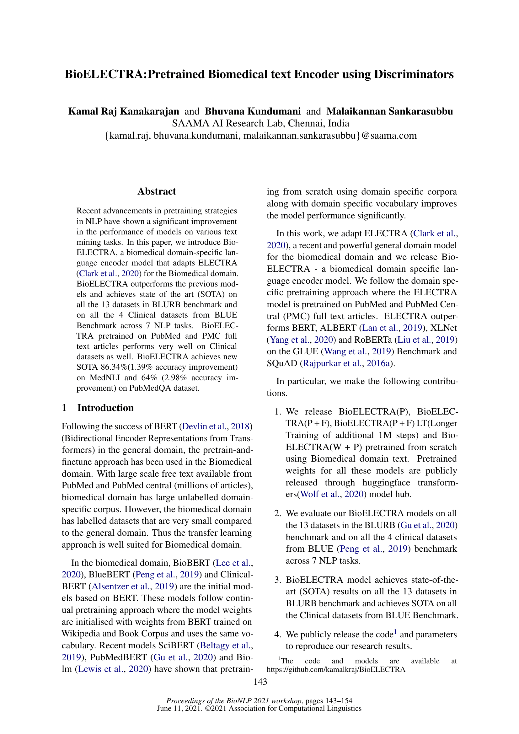 BioELECTRA:基于判别器的预训练生物医学文本编码器