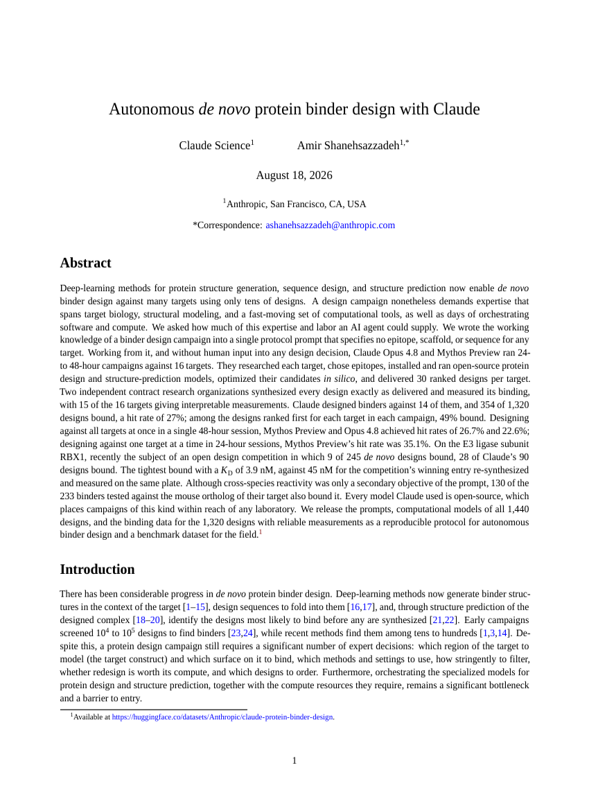 Autonomous de novo protein binder design with Claude