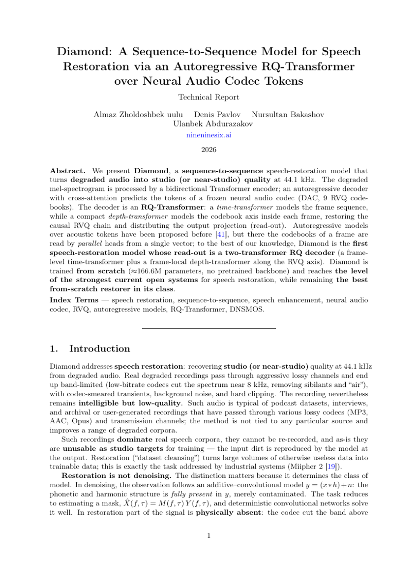Diamond: A Sequence-to-Sequence Model for Speech Restoration via an Autoregressive RQ-Transformer over Neural Audio Codec Tokens