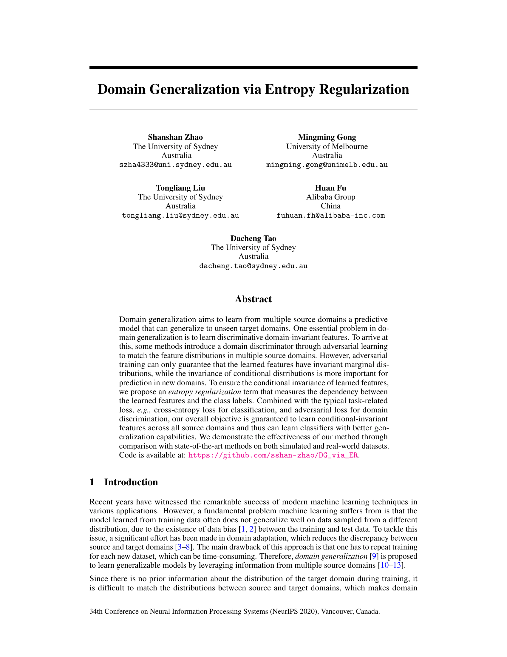 Domain Generalization via Entropy Regularization