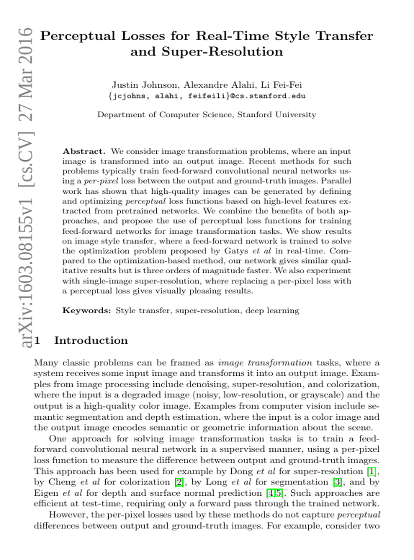Perceptual Losses for Real-Time Style Transfer and Super-Resolution