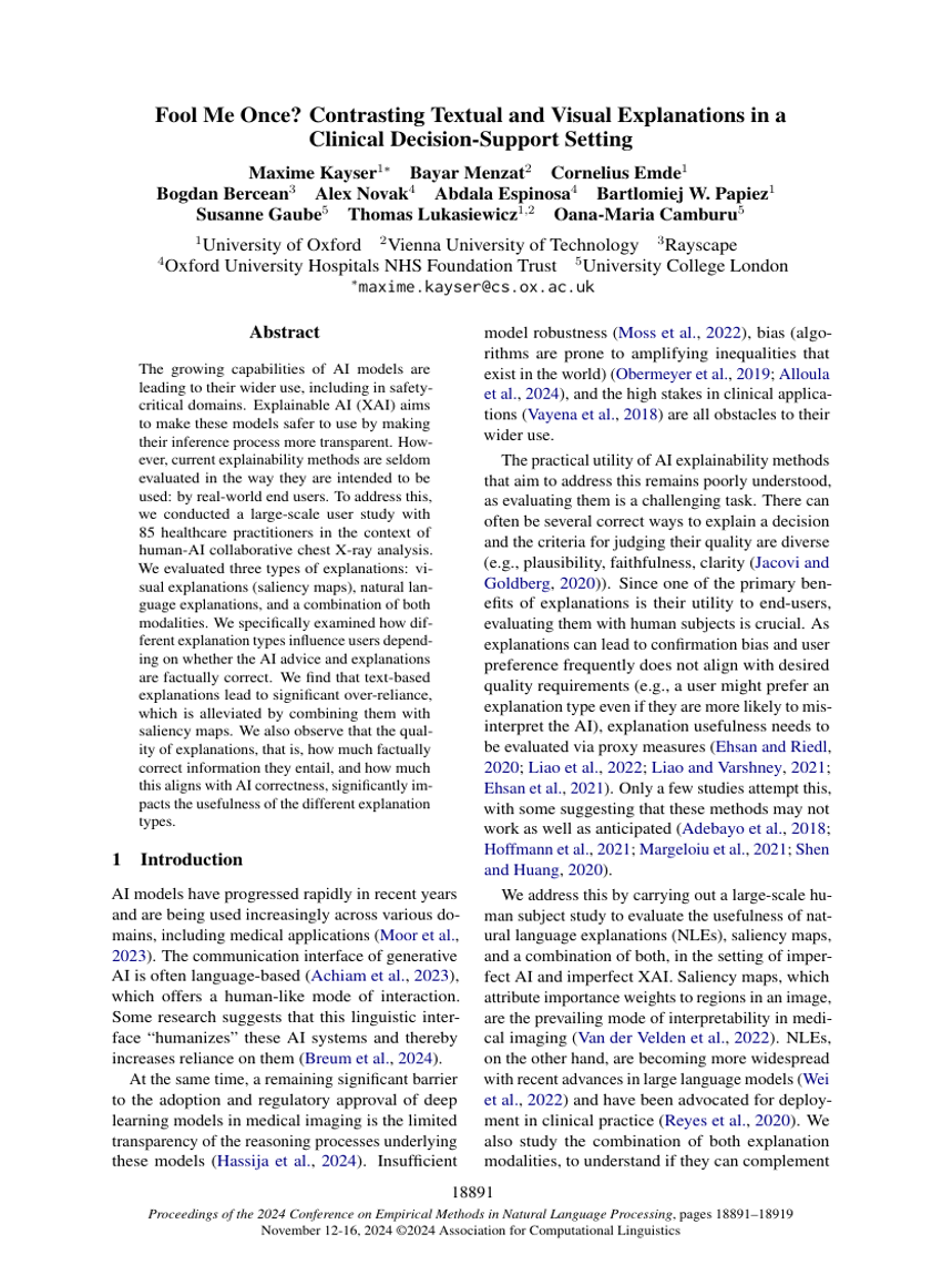 Fool Me Once? Contrasting Textual and Visual Explanations in a Clinical Decision-Support Setting