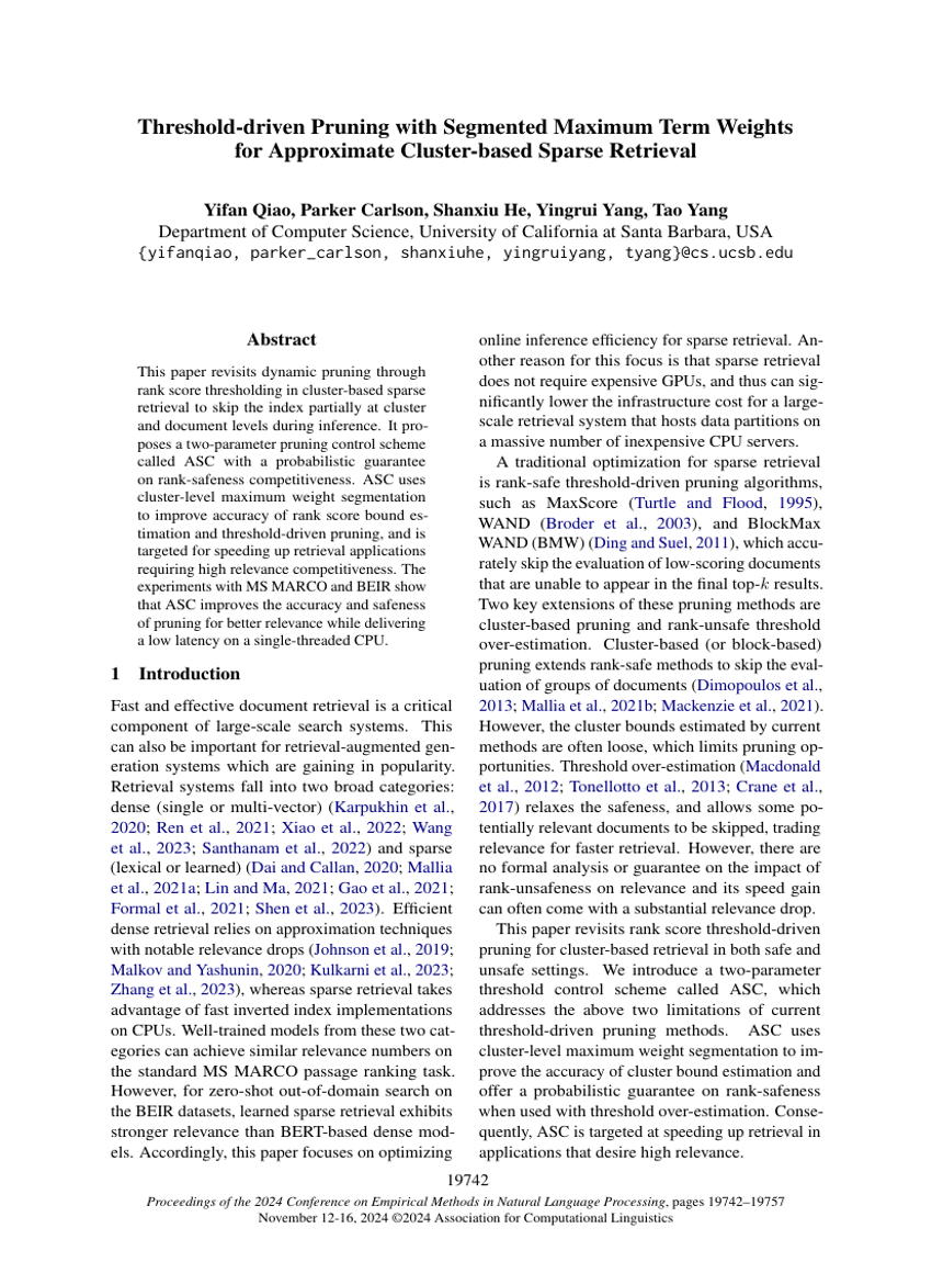 Threshold-driven Pruning with Segmented Maximum Term Weights for Approximate Cluster-based Sparse Retrieval