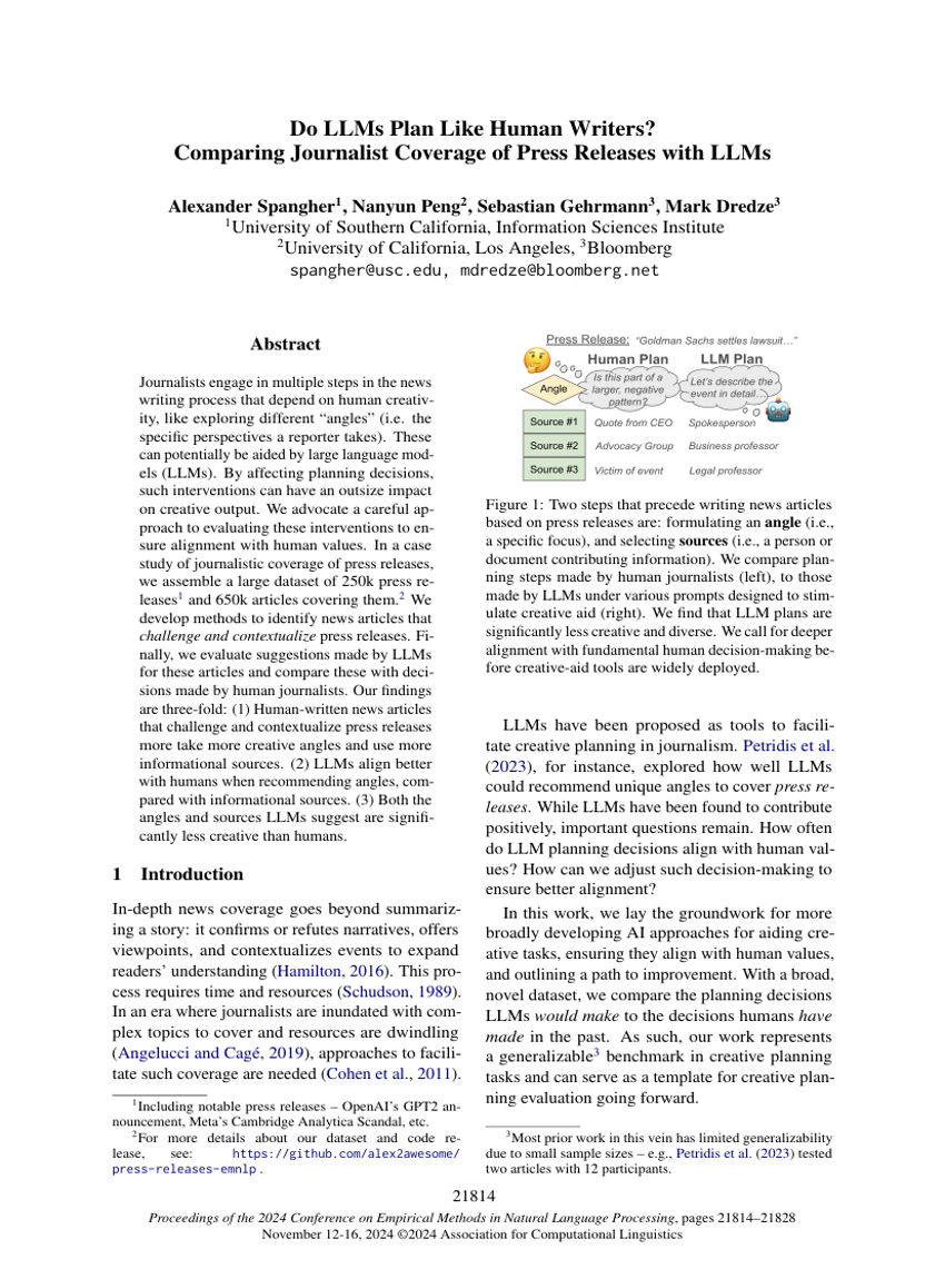 Do LLMs Plan Like Human Writers? Comparing Journalist Coverage of Press Releases with LLMs