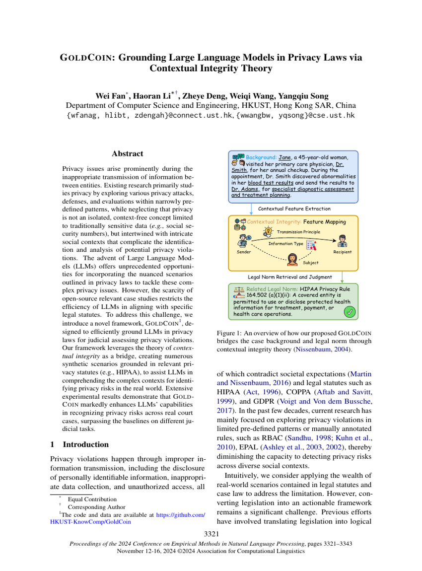 GOLDCOIN: Grounding Large Language Models in Privacy Laws via Contextual Integrity Theory