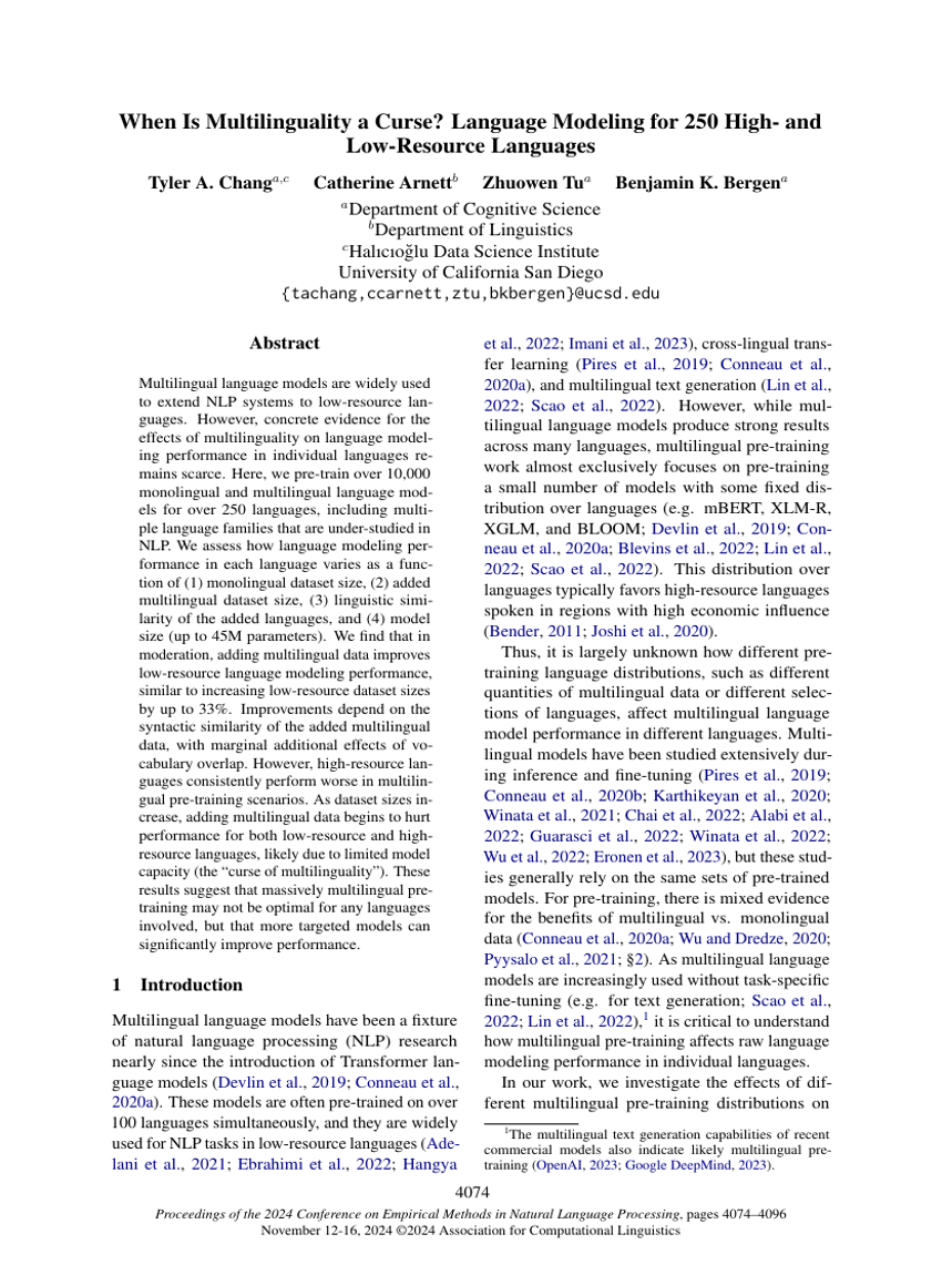When Is Multilinguality a Curse? Language Modeling for 250 Highand Low-Resource Languages