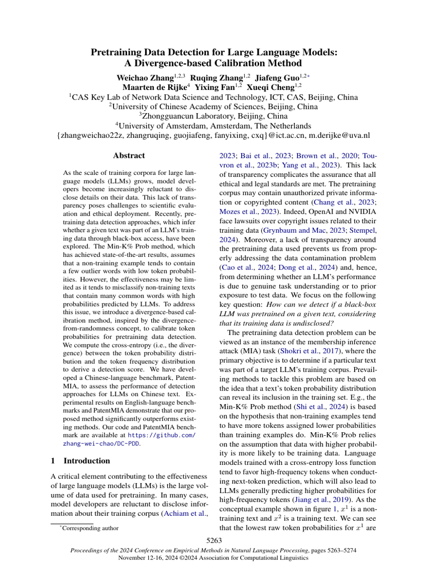 Pretraining Data Detection for Large Language Models: A Divergence-based Calibration Method