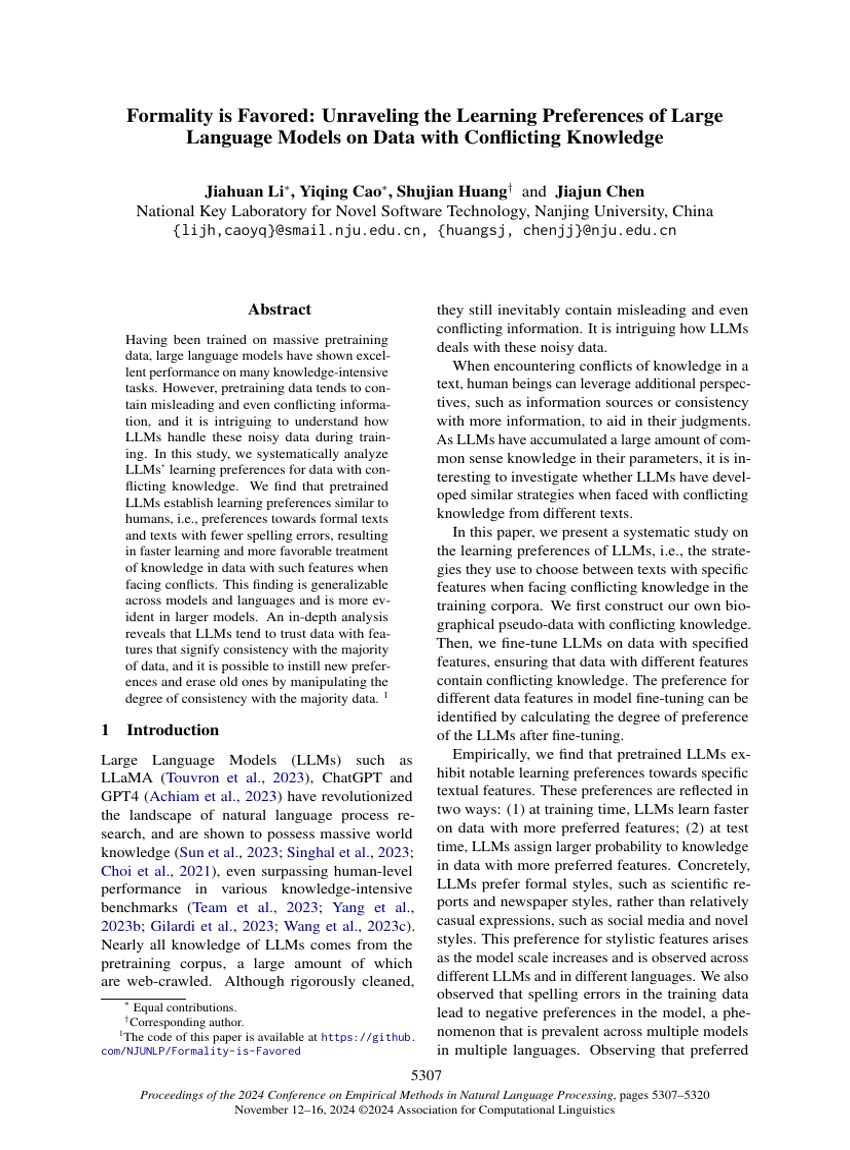 Formality is Favored: Unraveling the Learning Preferences of Large Language Models on Data with Conflicting Knowledge