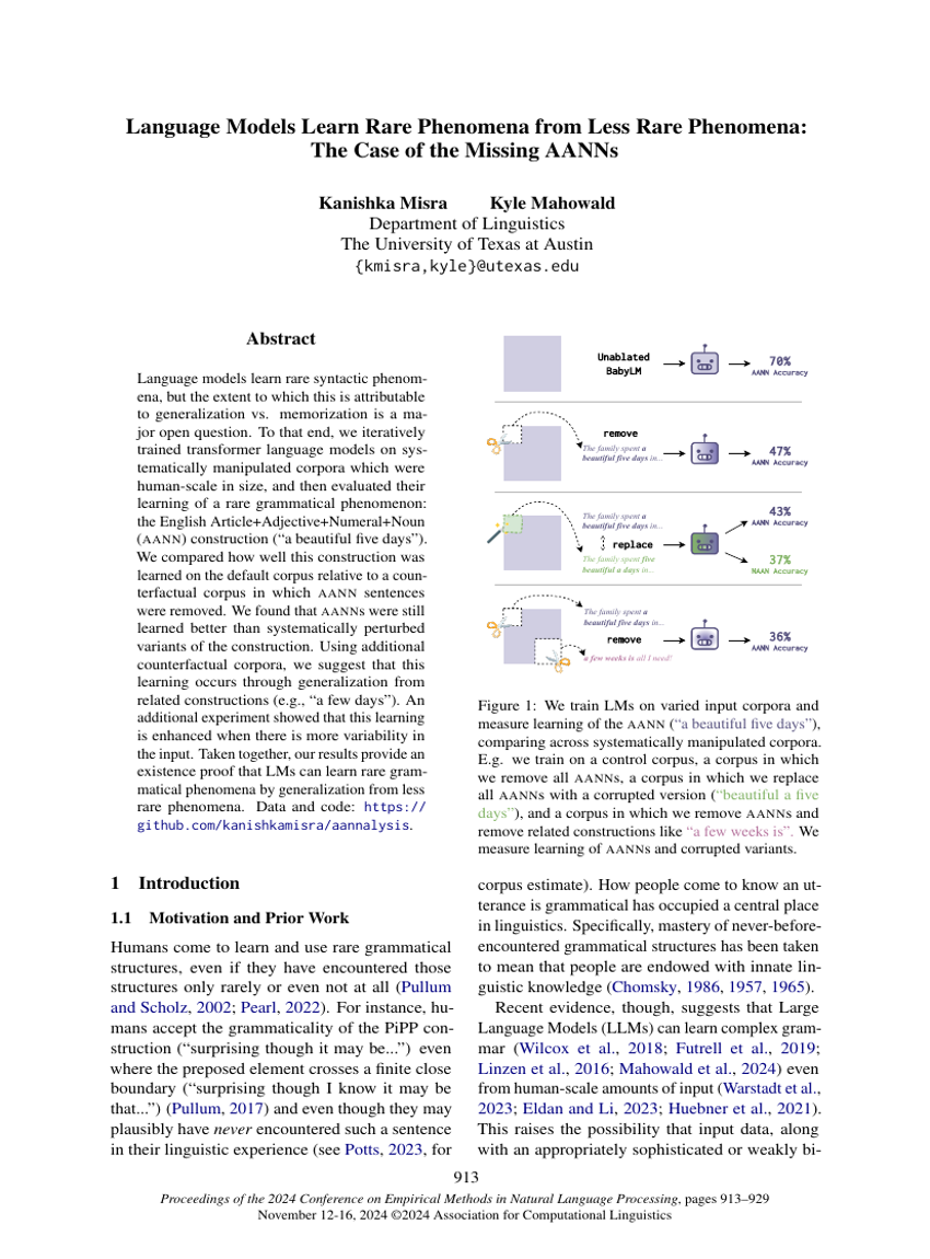 Language Models Learn Rare Phenomena from Less Rare Phenomena: The Case of the Missing AANNs