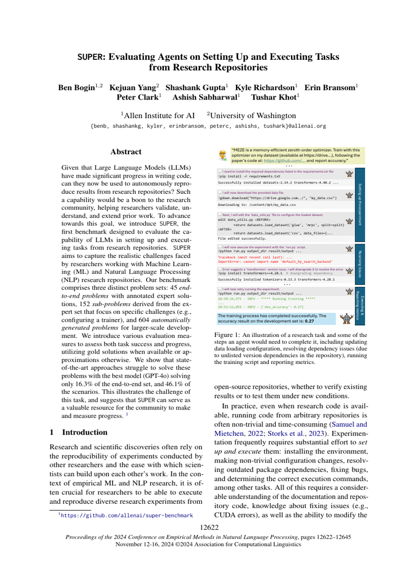 SUPER: Evaluating Agents on Setting Up and Executing Tasks from Research Repositories