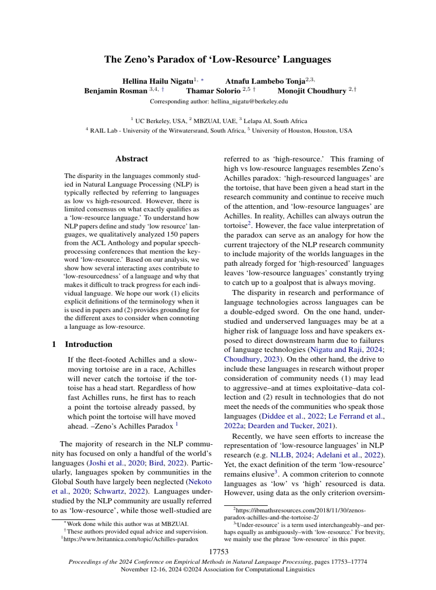 The Zeno's Paradox of 'Low-Resource' Languages