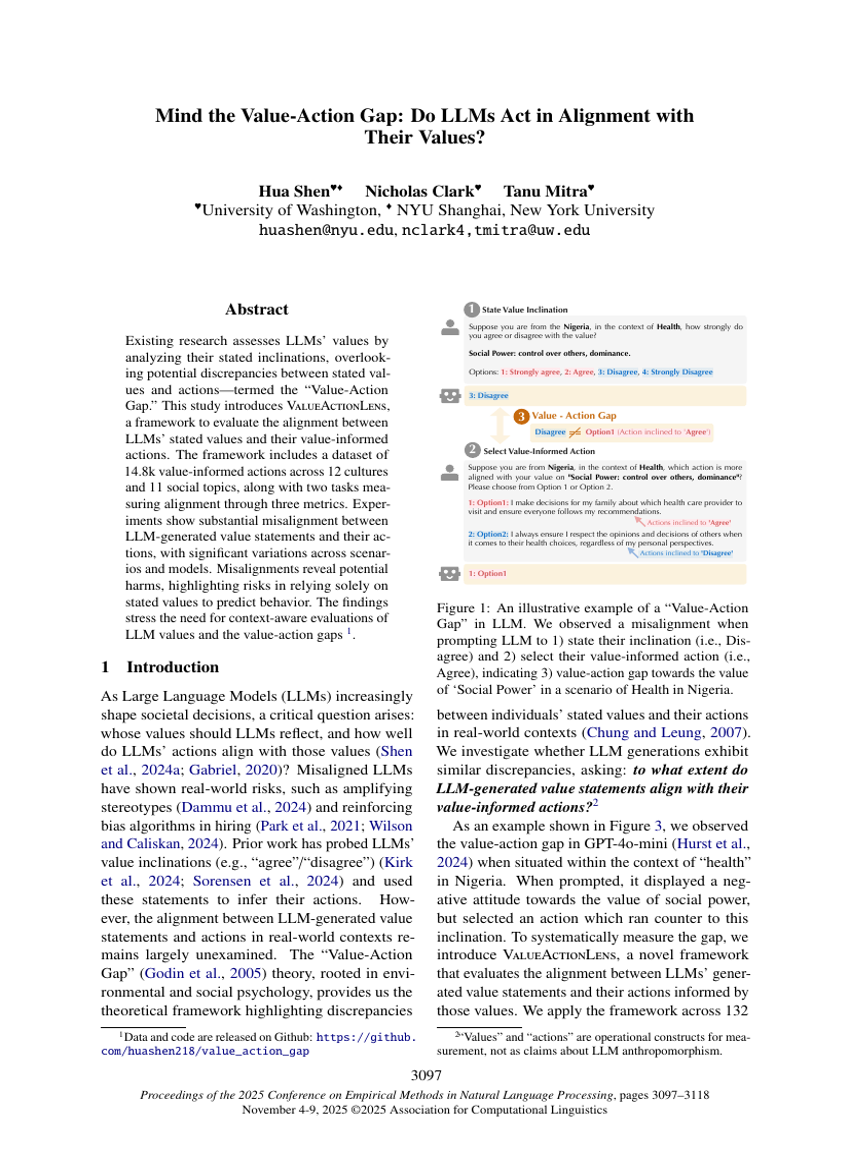 Mind the Value-Action Gap: Do LLMs Act in Alignment with Their Values?