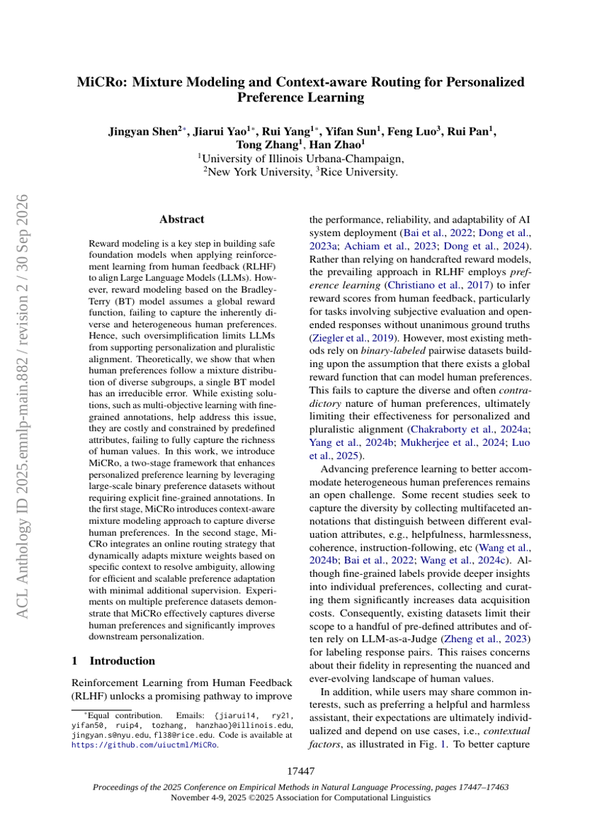 MiCRo: Mixture Modeling and Context-aware Routing for Personalized Preference Learning