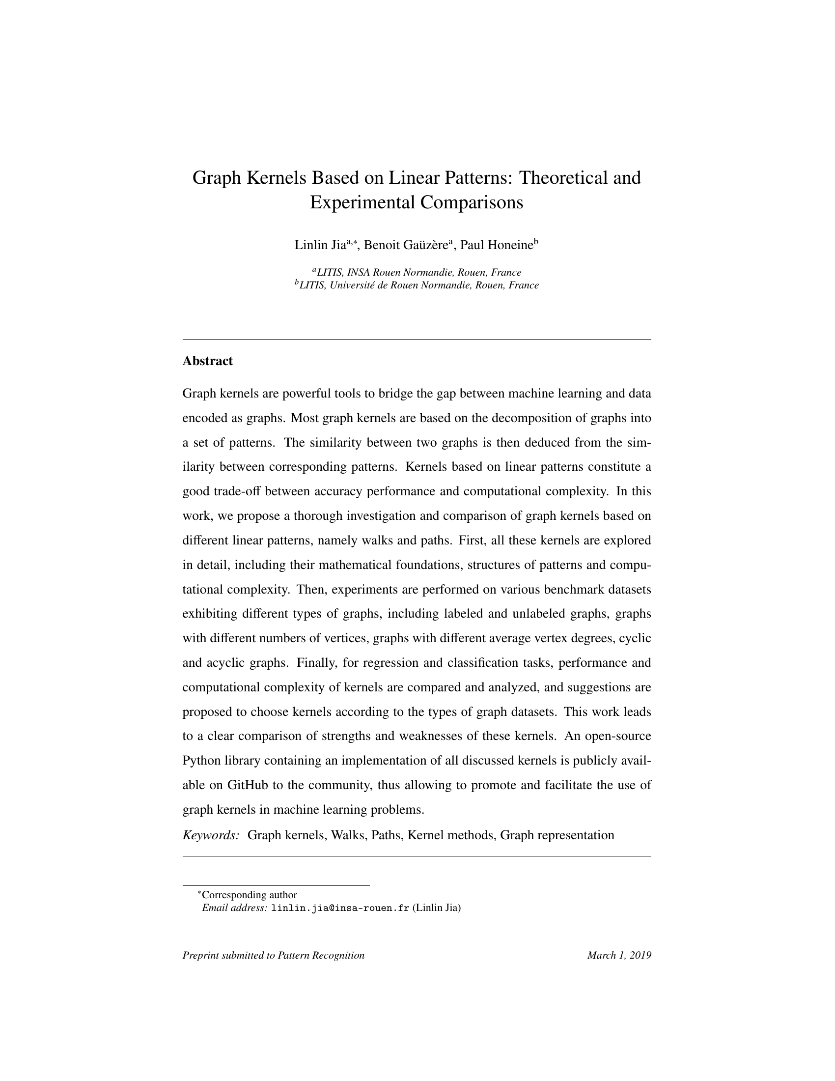 Noyau de graphes basés sur des motifs linéaires : comparaisons théoriques et expérimentales