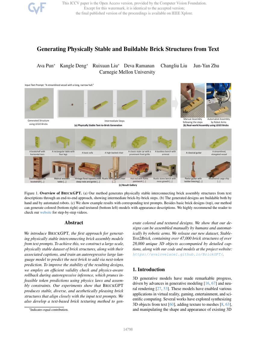Generating Physically Stable and Buildable Brick Structures from Text