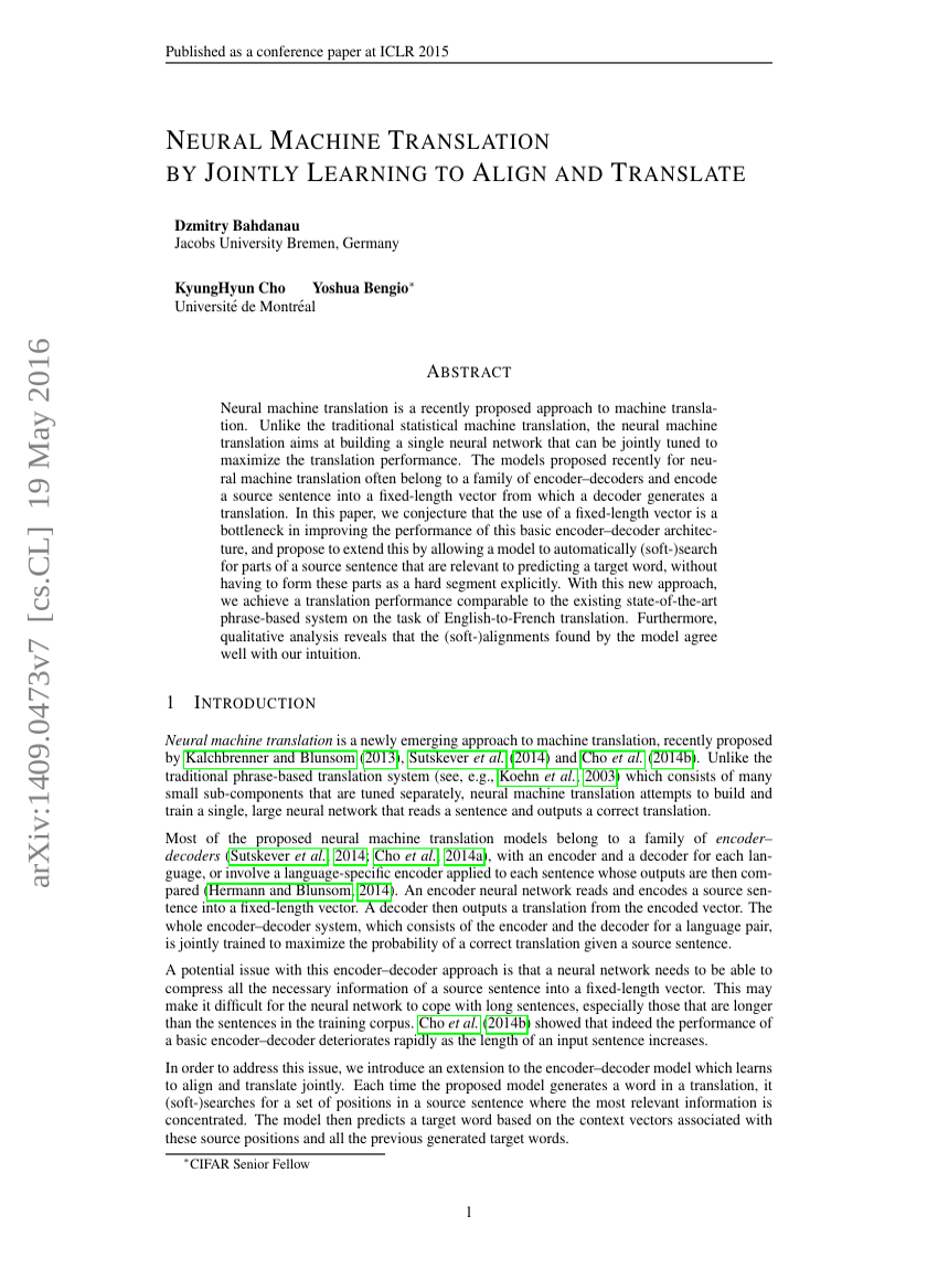 NEURAL MACHINE TRANSLATION BY JOINTLY LEARNING TO ALIGN AND TRANSLATE