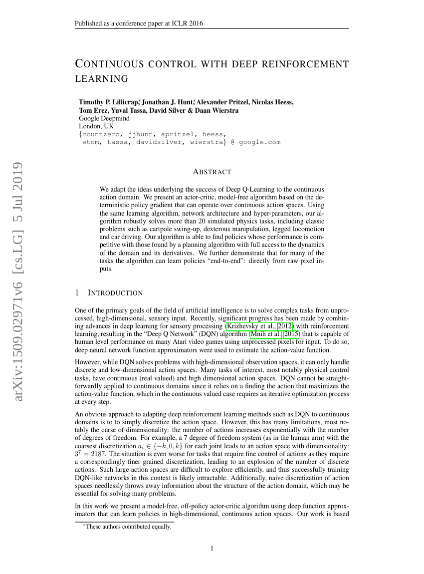 CONTINUOUS CONTROL WITH DEEP REINFORCEMENT LEARNING