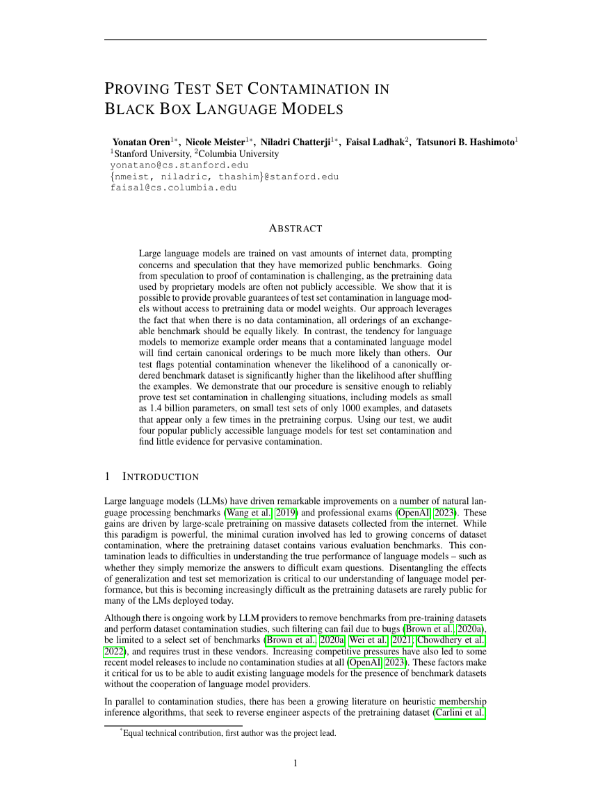 PROVING TEST SET CONTAMINATION IN BLACK BOX LANGUAGE MODELS