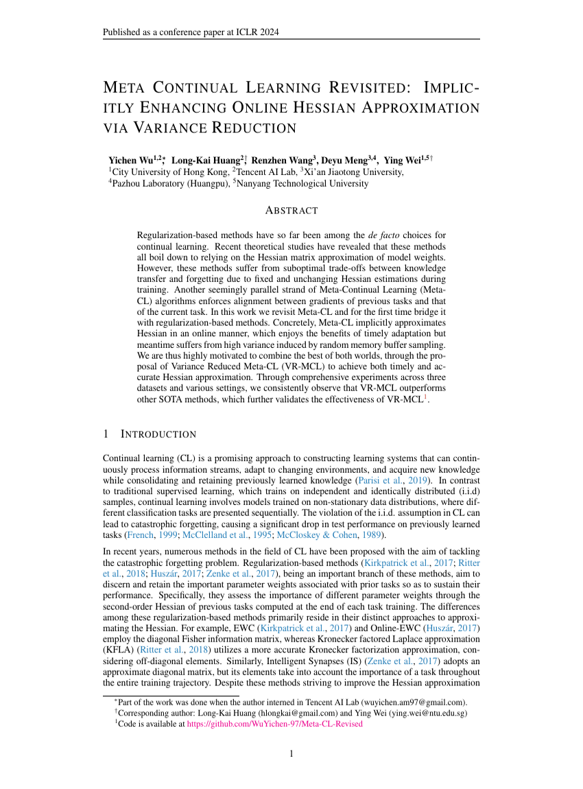 Meta Continual Learning Revisited: Implicitly Enhancing Online Hessian Approximation via Variance Reduction