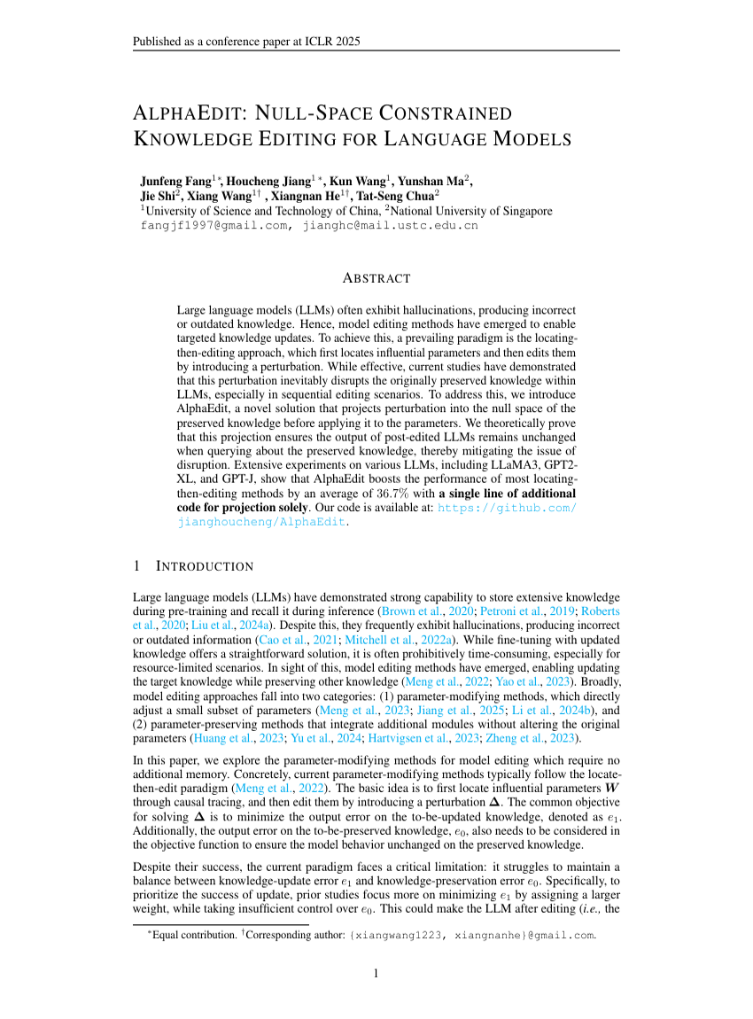 ALPHAEDIT: NULL-SPACE CONSTRAINED KNOWLEDGE EDITING FOR LANGUAGE MODELS