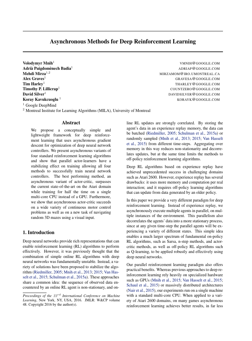 Asynchronous Methods for Deep Reinforcement Learning