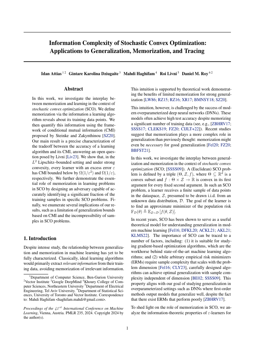 Information Complexity of Stochastic Convex Optimization: Applications to Generalization, Memorization, and Tracing