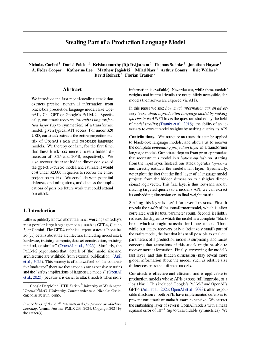 Stealing Part of a Production Language Model