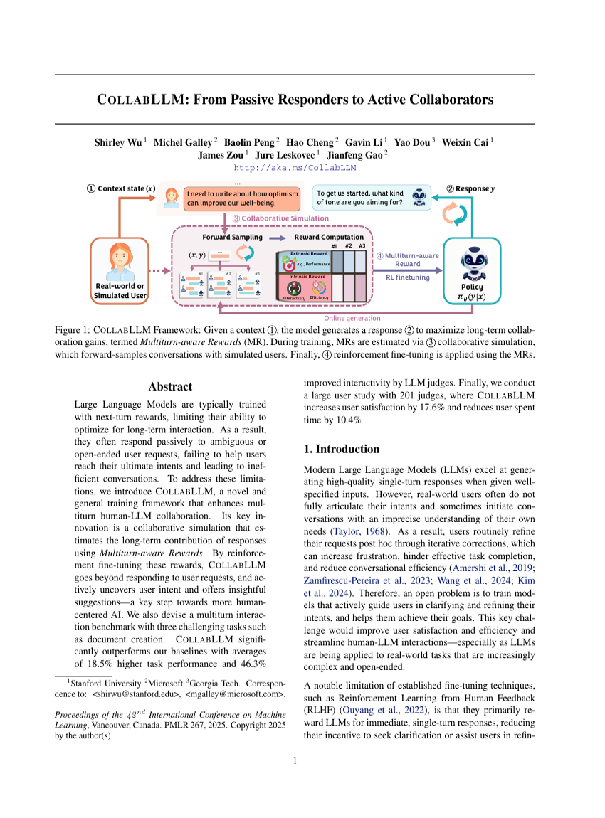 COLLABLLM: From Passive Responders to Active Collaborators