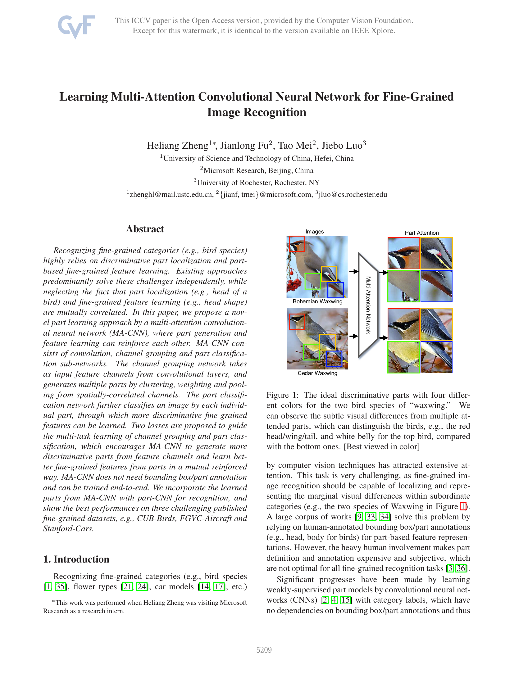 Learning Multi-Attention Convolutional Neural Network for Fine-Grained Image Recognition