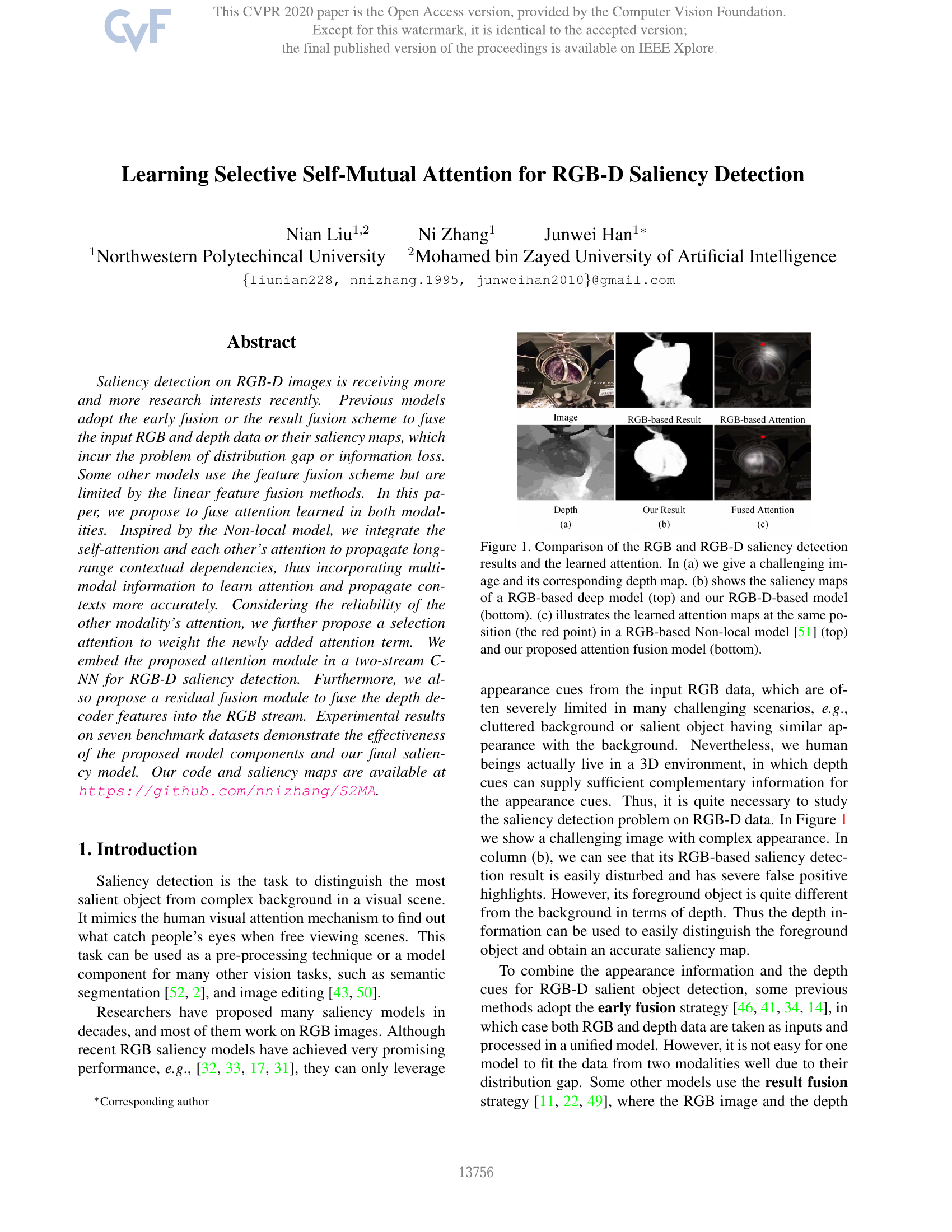 Apprentissage d'une attention auto-mutuelle sélective pour la détection de la salience RGB-D