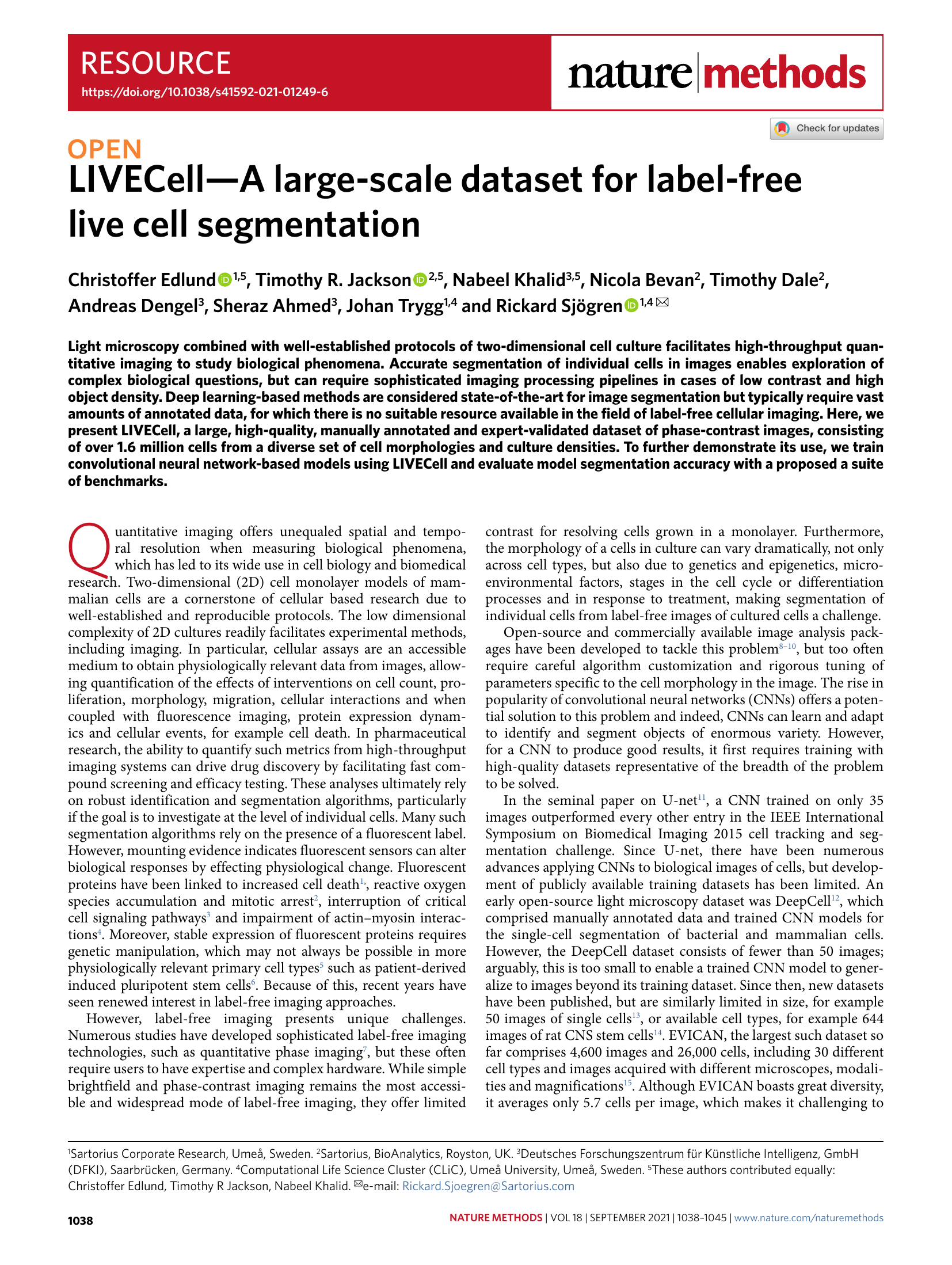 LIVECell—라벨 프리 생세포 분할을 위한 대규모 데이터셋