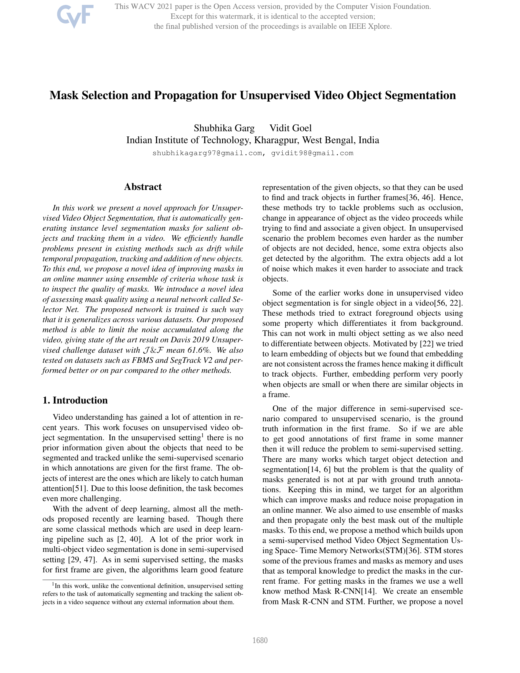 Mask Selection und Propagation für unsupervised Video Object Segmentation