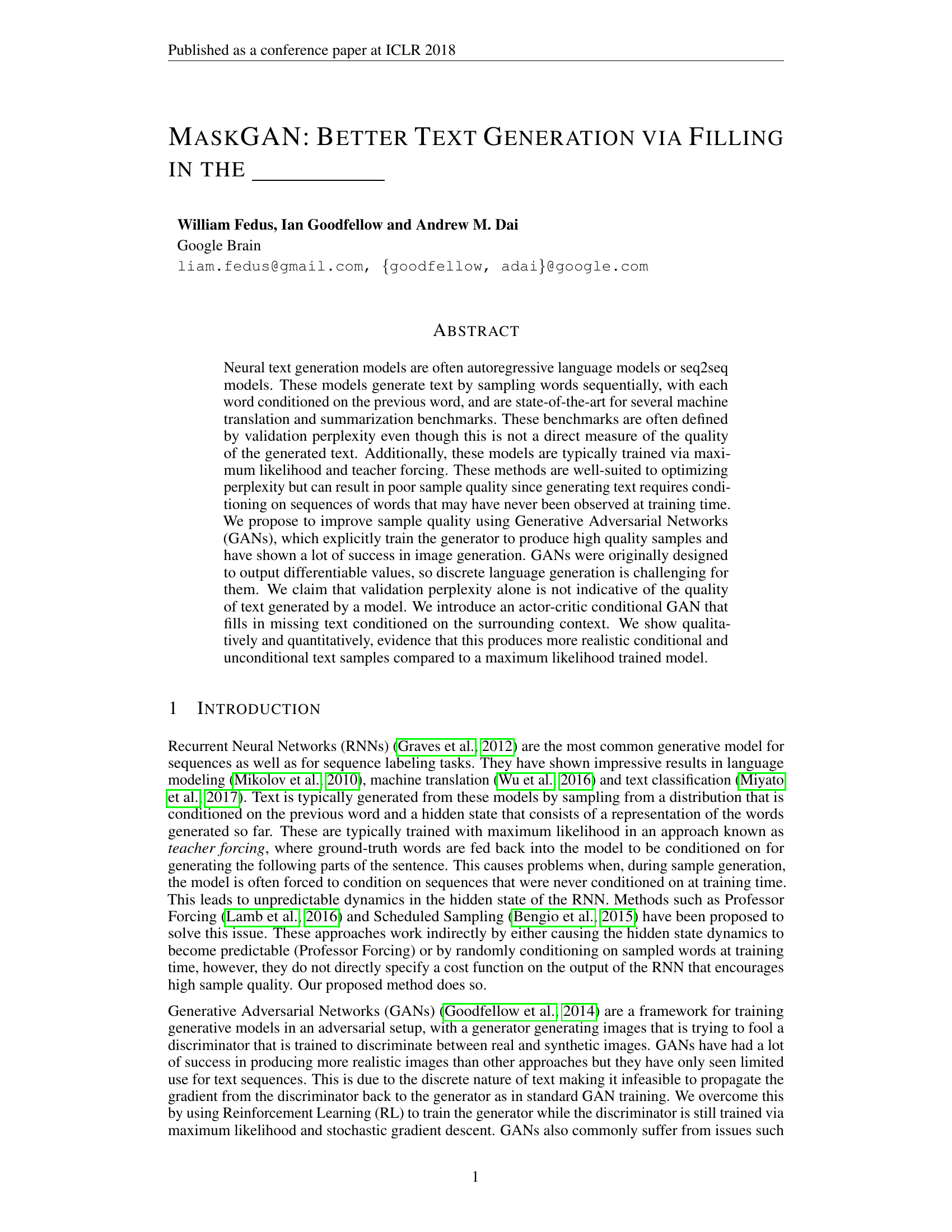 MaskGAN: Better Text Generation via Filling in the _