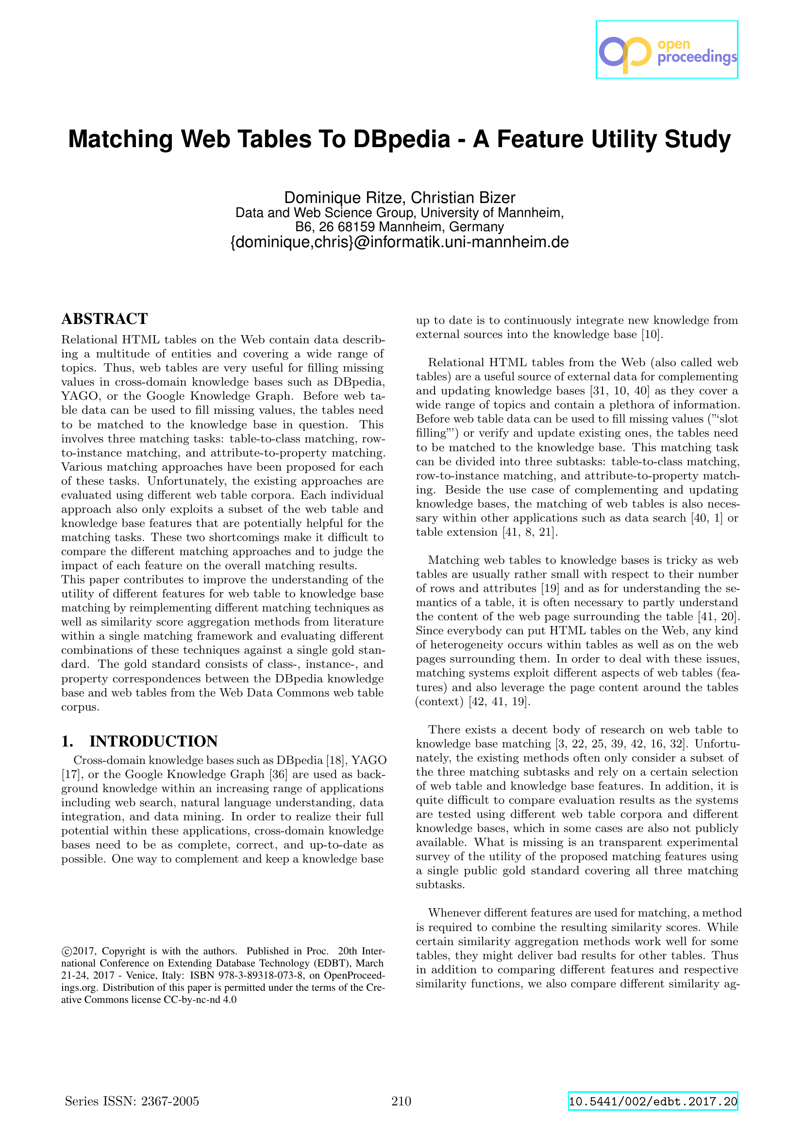 将网页表格匹配到DBpedia——一项特征效用研究