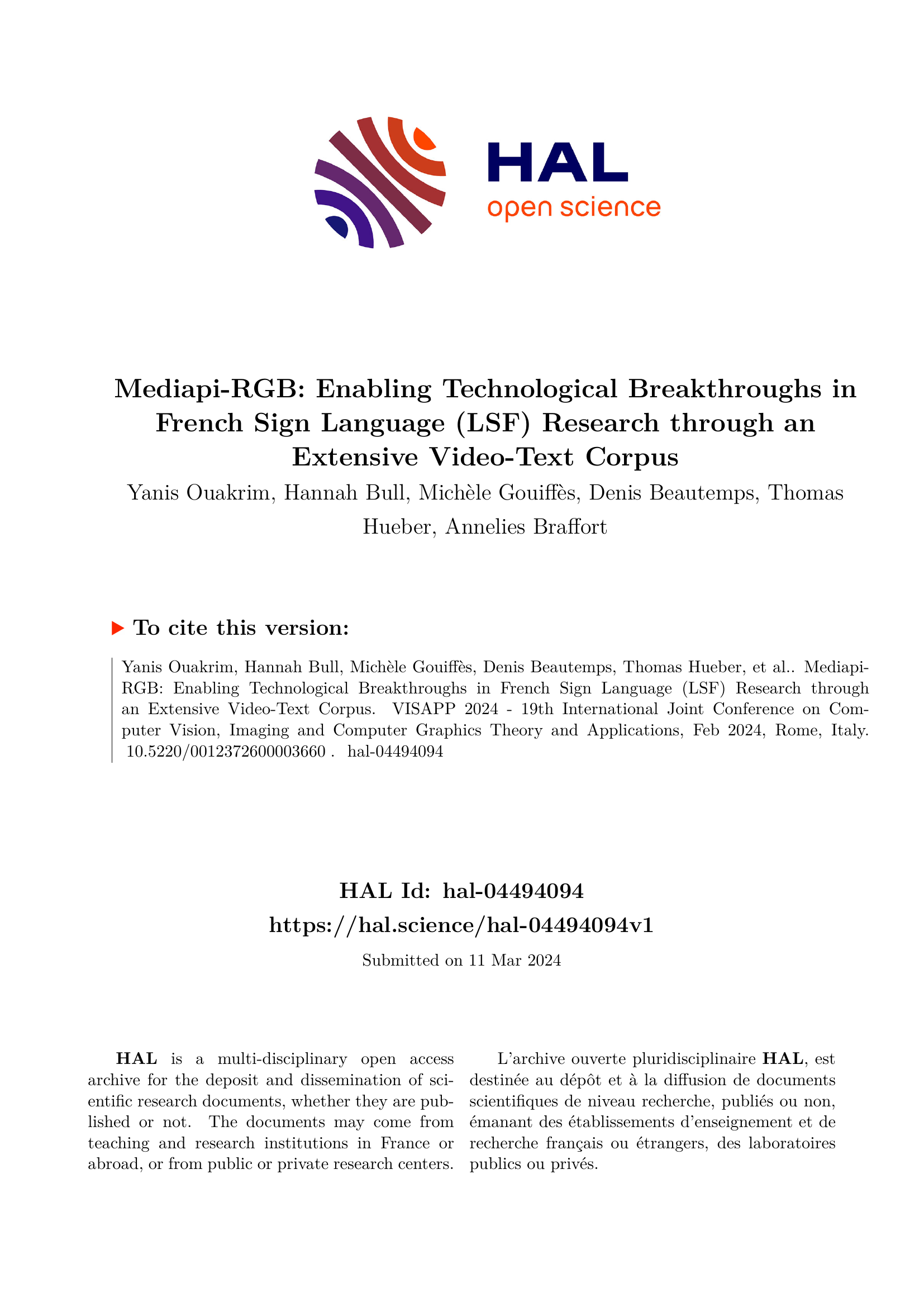 Mediapi-RGB: Enabling Technological Breakthroughs in French Sign Language (LSF) Research through an Extensive Video-Text Corpus