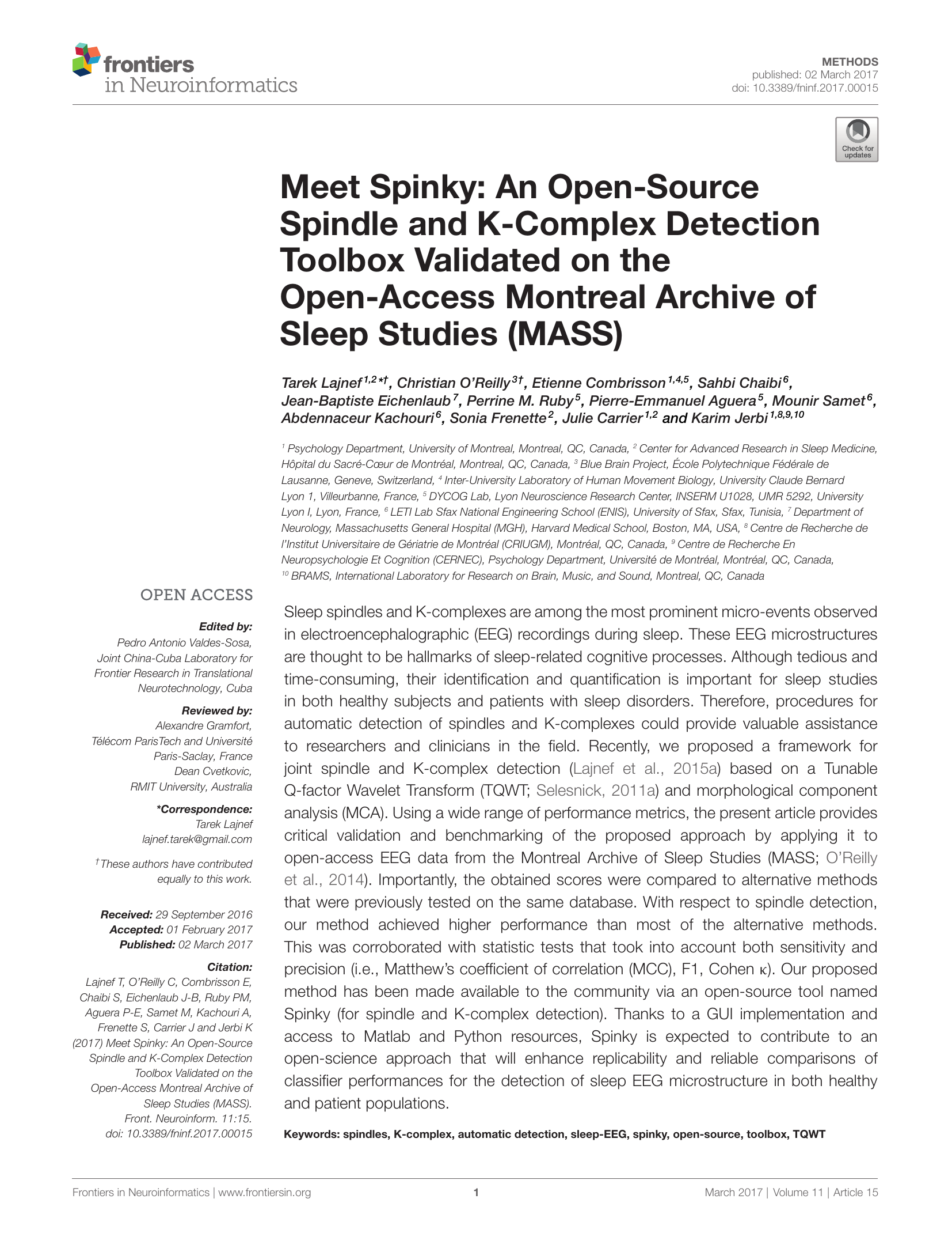 Meet Spinky: An Open-Source Spindle and K-Complex Detection Toolbox Validated on the Open-Access Montreal Archive of Sleep Studies (MASS).