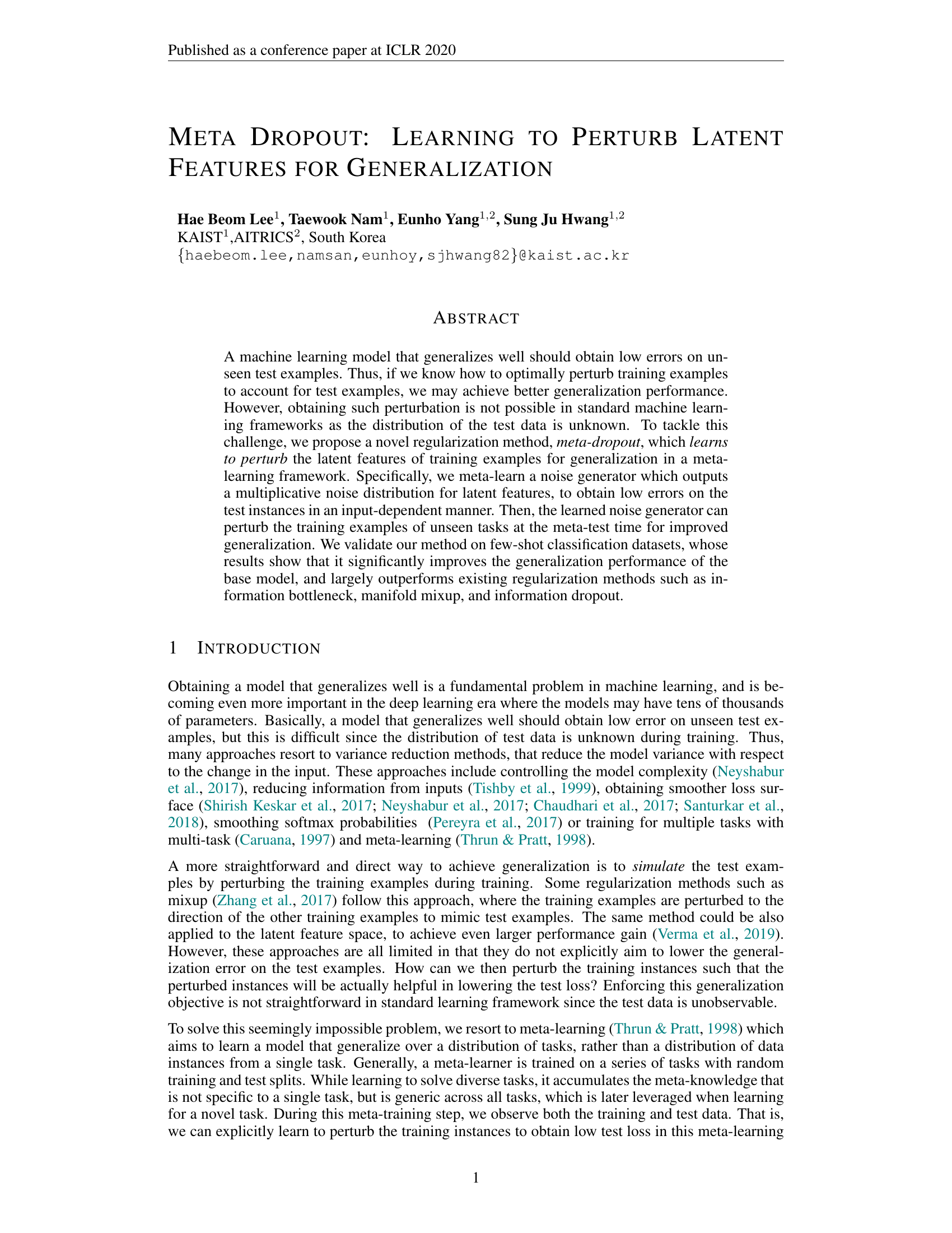 Meta Dropout: Learning to Perturb Latent Features for Generalization