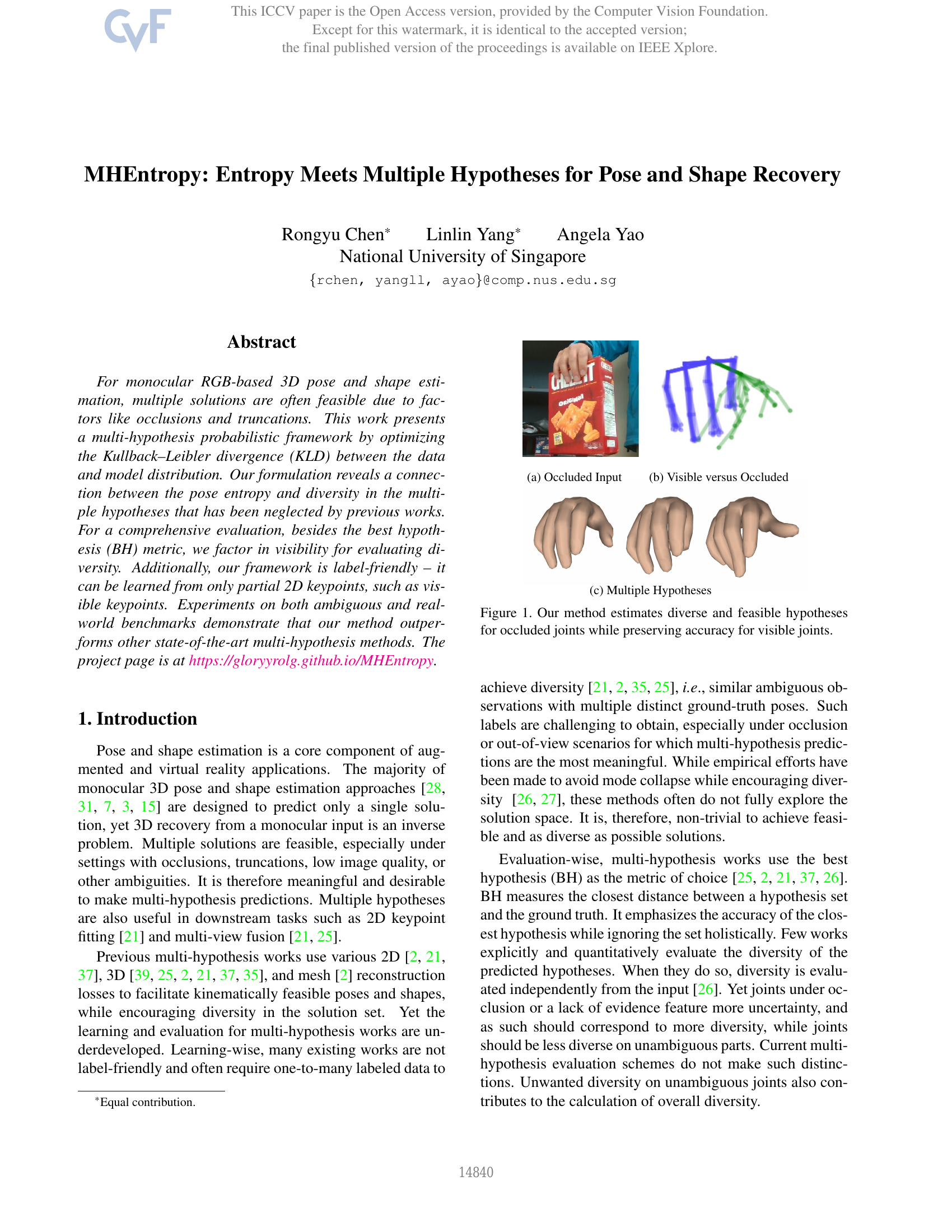 MHEntropy : Entropie et hypothèses multiples pour la récupération de pose et de forme