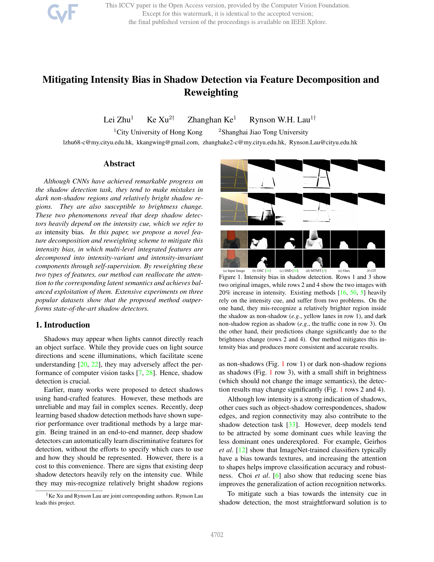 Mitigating Intensity Bias in Shadow Detection via Feature Decomposition and Reweighting