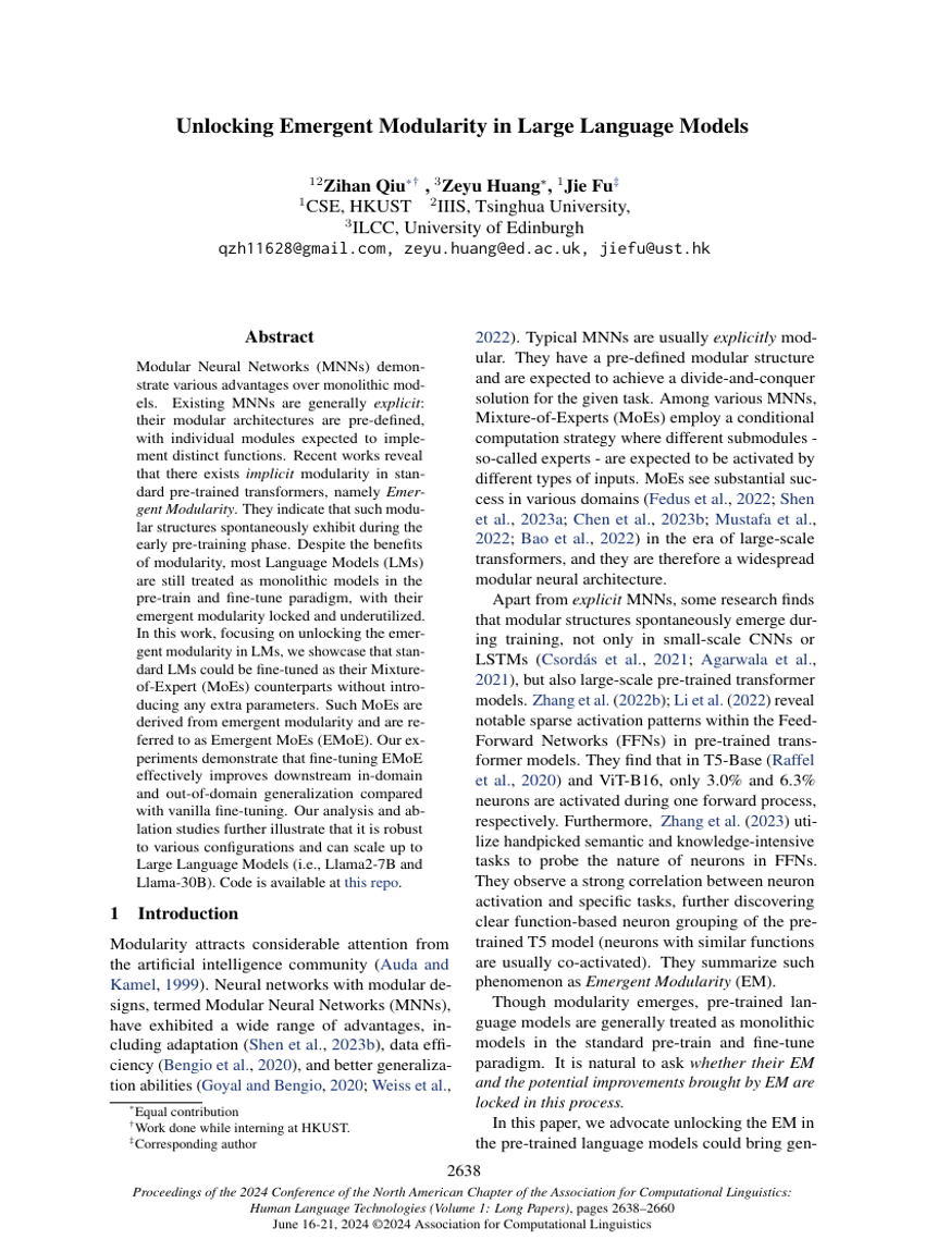 Unlocking Emergent Modularity in Large Language Models